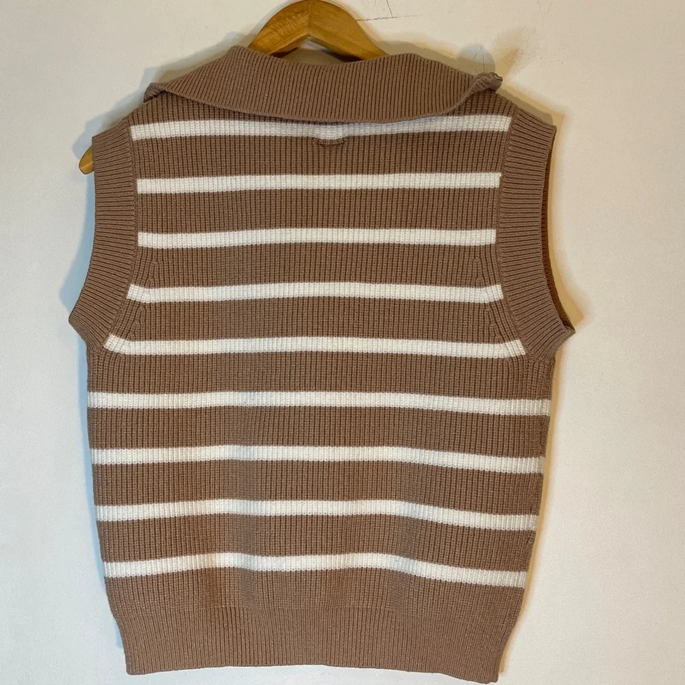 Rain & Rose oversized collar short sleeve striped zip up sweater medium - Picture 4 of 7